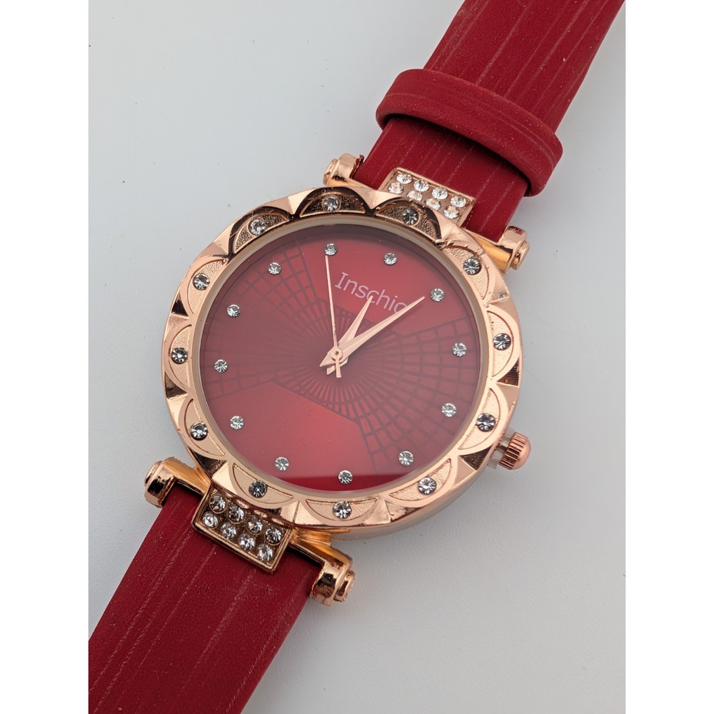 Inschic Watch Women 34mm Rose‎ Gold Case Red Faux Leather Band- New Battery